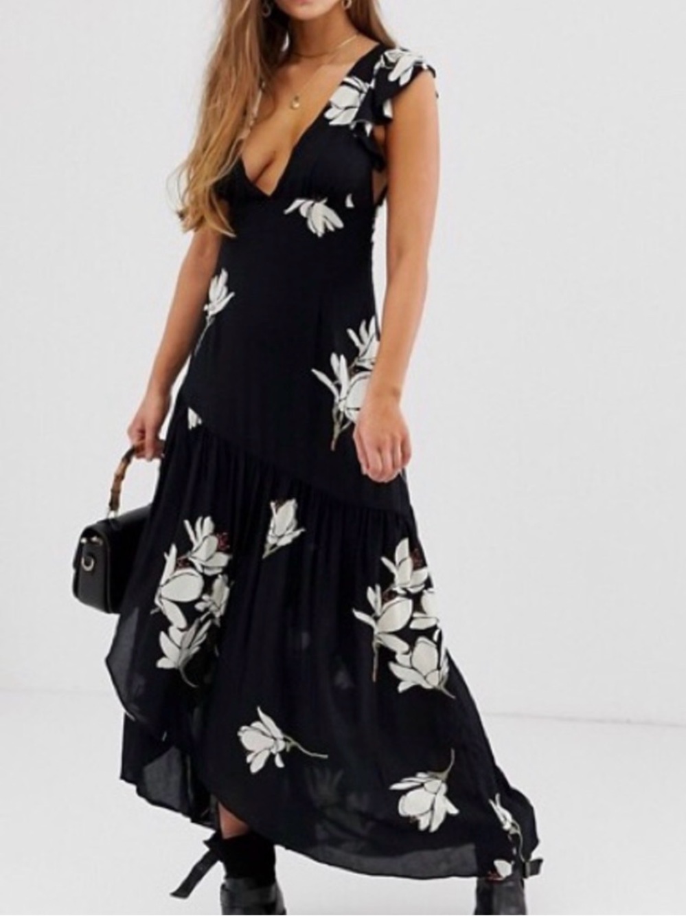 Free People Black Maxi Dress with White Floral Print